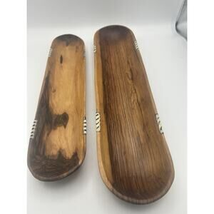 Hand Carved Olive Wood Baquette/Bread Bowl/Dish W/Batik Inlay 19.5"